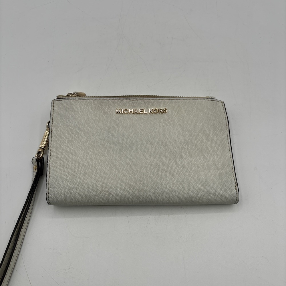 Michael Kors‎ Jet Set Travel Double Zip Saffiano Leather Wristlet Wallet White